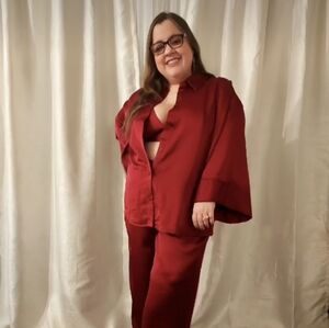 Eloquii Burgundy Satin Bell Sleeve Button-down Top with Self-tie Belt Sz 14